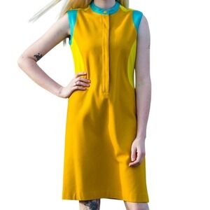 VINTAGE 1970's Harve Benard Gold Turquoise Retro Disco Shift Dress Size 10